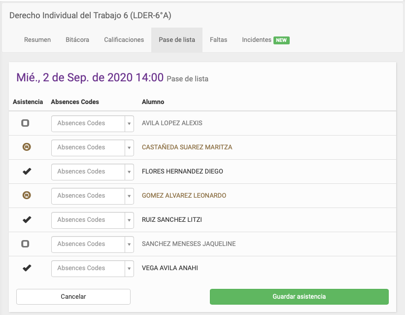 Pase de lista 2