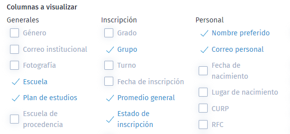 Columnas a visualizar